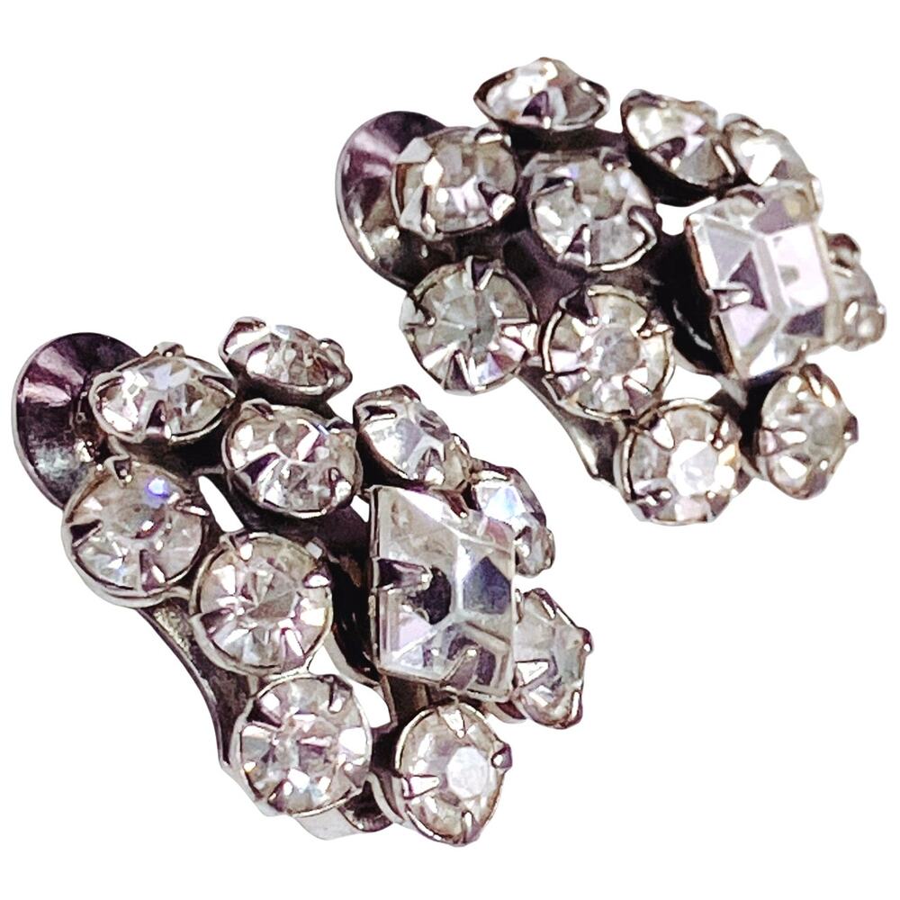 VTG 1950s Rhinestone Cluster Clip-On Earrings, Mid-Century Sparkle, Silver Tone